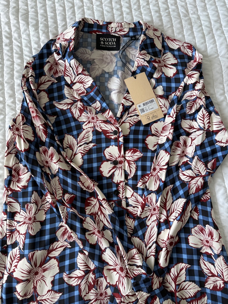 Scotch & Soda Navy Blue And Cream Floral Check Button-Up Shirt